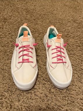 Keds White Canvas Sneakers with Pink Laces and Coral Tabs